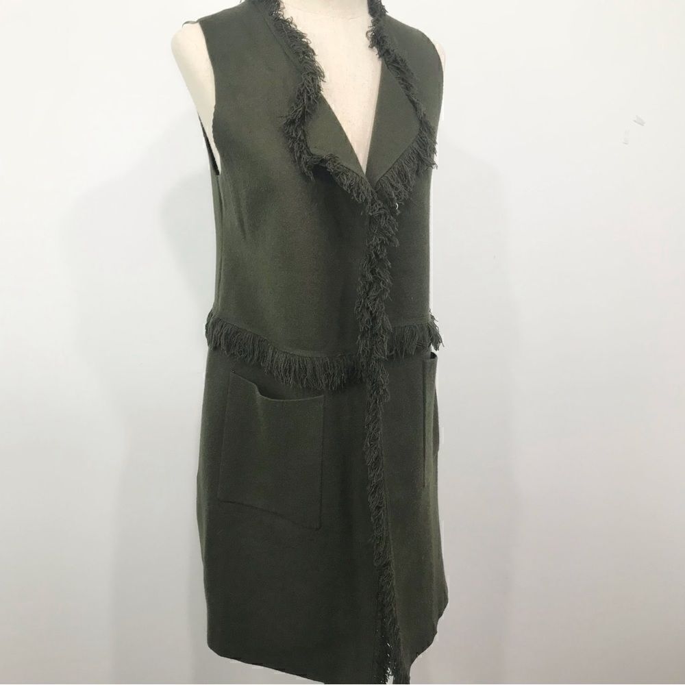Sisters Olive Green Felted Knit Fringed Open Front Tunic Cardigan Vest
